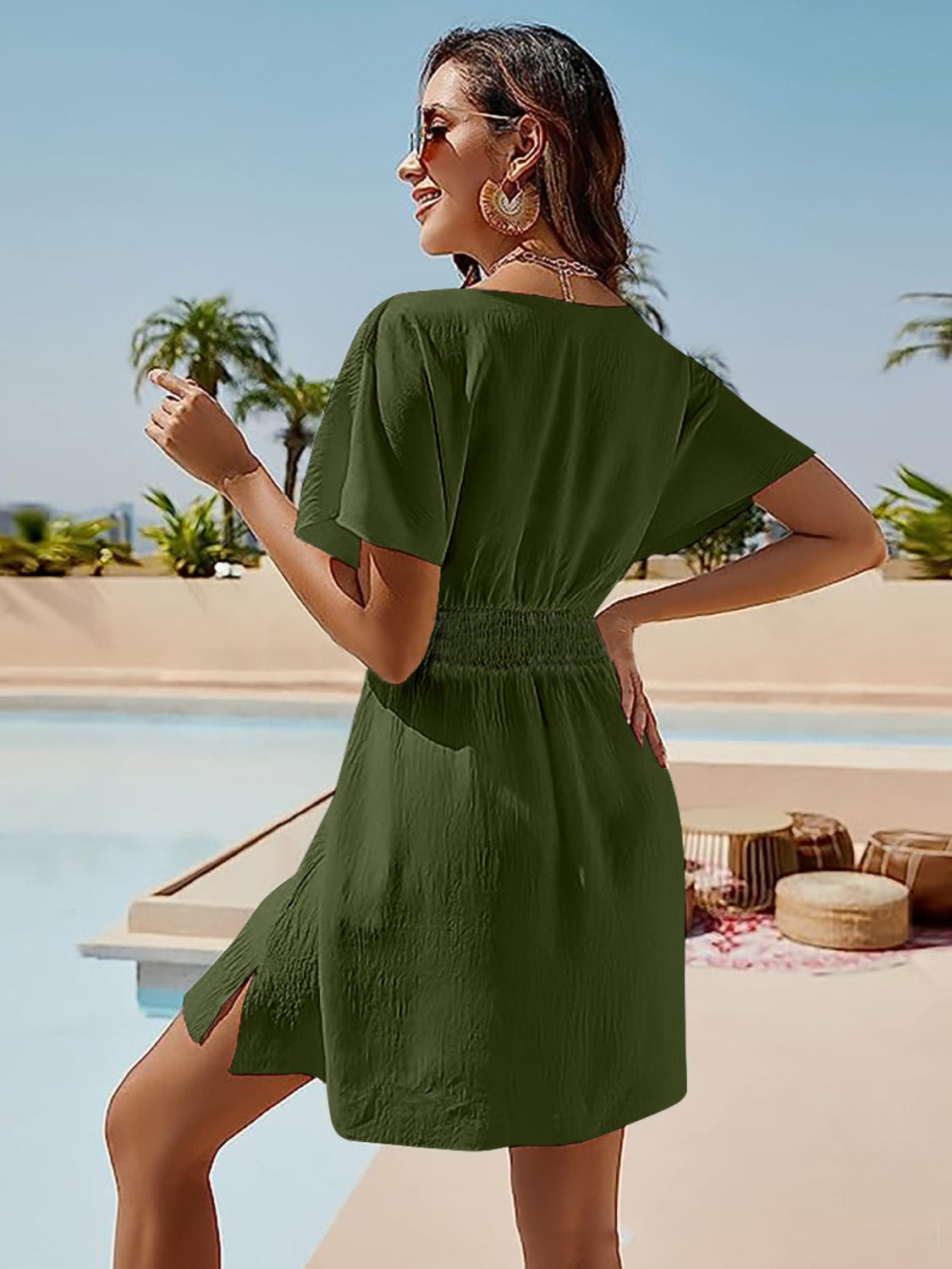 Smocked V-Neck Short Sleeve Dress - store name